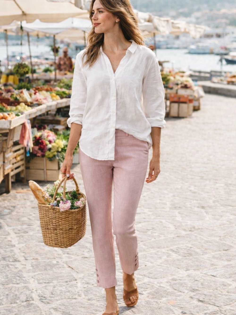 J JILL Linen Blend Stretch Ankle Crop Pants Button Hem Pink Sz SP💛🎀